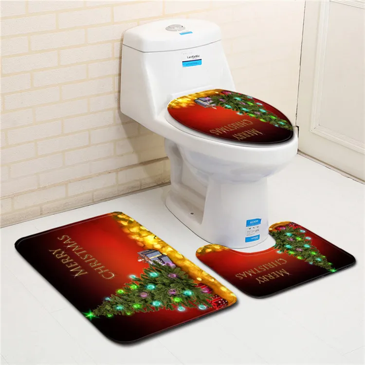 Free Shipping 3 pcs Red Christmas Hat Bear Bath Mat Anti Slip Bathroom Mat Set Tapete Banheiro Washable Toilet Rug Alfombra Bano - Цвет: As Picture
