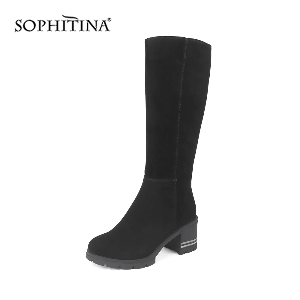 SOPHITINA/Новинка; сапоги до колена; Высококачественная замшевая обувь в полоску на квадратном каблуке; удобная Дизайнерская обувь на молнии; теплые женские сапоги; C222