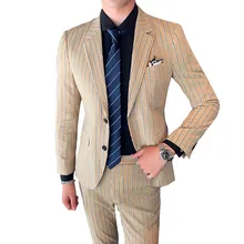Khaki suit two-piece suit Fashion City England wind stripes slim banquet suit suit groom wedding dress men gentleman coat pants Khaki suit two-piece suit Fashion City England wind stripes slim banquet suit suit groom wedding dress men gentleman coat pants