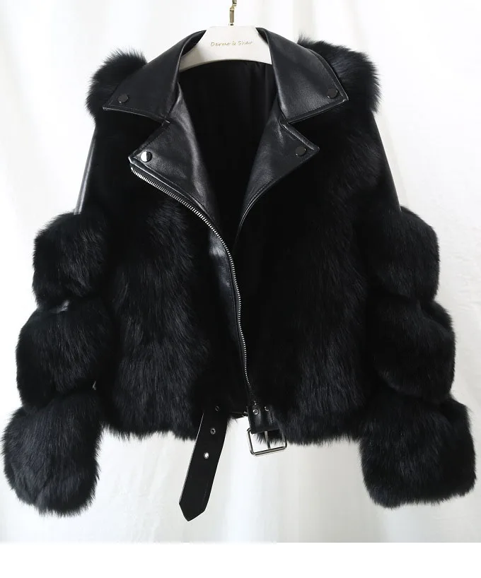 Winter New Fashion women Motorcycle coat with belt real Fox Fur Jacket Woman whole fox Fur short Coat