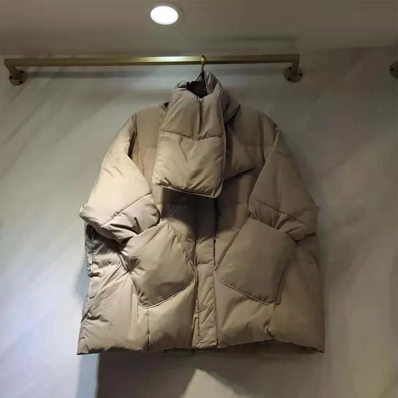 Ozhouzhan New Style Short-height Scarf Large Pocket Loose-Fit Mid-length down Jacket Coat Sweet down Coat