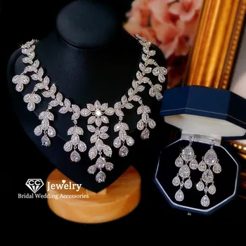 

CC Fine Jewelry Sets Women 925 Sterling Silver Necklace Stud Earrings Water Drop Cubic Zircon Wedding Set Party Pebdant CCAS227