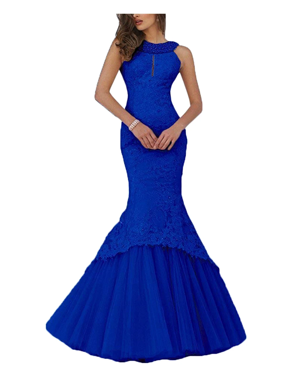Royal blue Элегантное женское платье Русалка для выпускного вечера БЕЗРУКАВНОЕ вечернее платье с кружевной аппликацией и бисером - Цвет: Royal blue