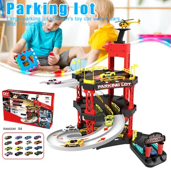 

Large Vehicles Parking Lot Garage Playset With 4 Cars And 1 Helicopter For Kids YJS99