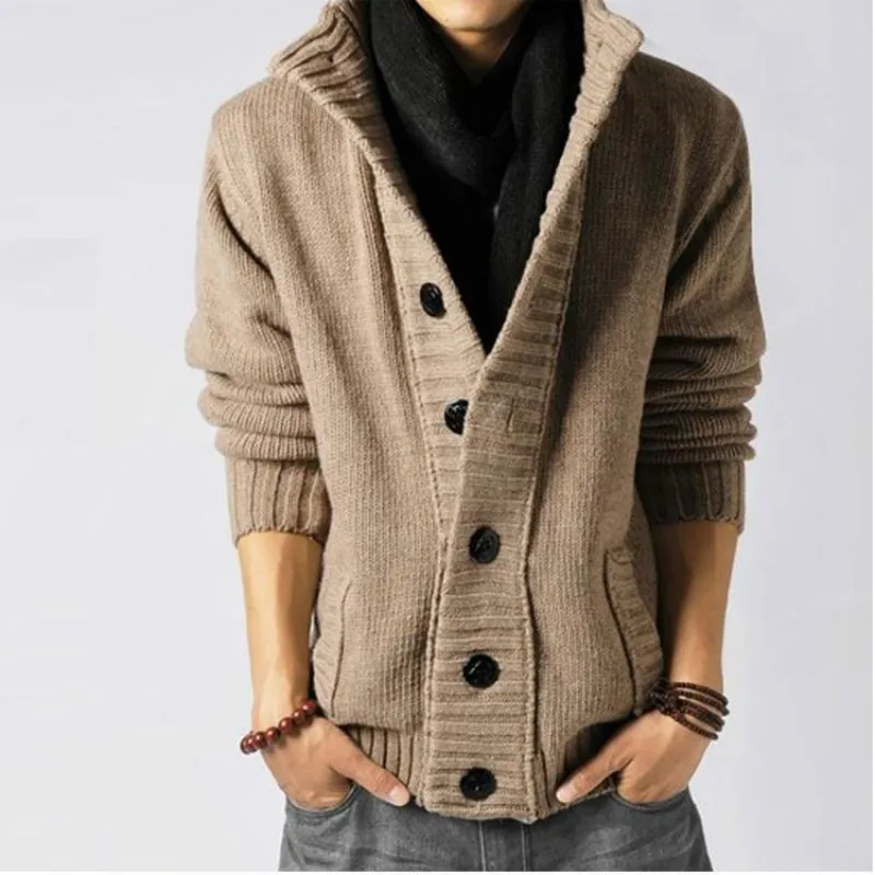 Зимний мужской Повседневный свитер, пальто, водолазка, толстый серый вязаный кардиган, шерсть, длинный рукав, теплый, с пиратской пряжкой, Классическая куртка