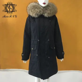 

Winter New-Fashion Real Raccoon Fur Collar Parkas Women Black Fur Coat XS-4XL