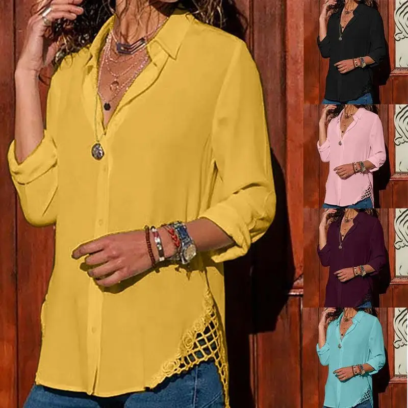 Большие размеры Свободные повседневные женские блузки 2020 весенние с отворотом