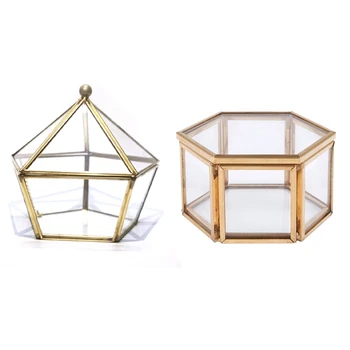 

2 Pcs Jewelry Storage:1 Pcs Glass Ring Box Wedding Jewelry Case Immortal Flower Glass Cover & 1 Pcs Geometric Clear Glass Jewelr