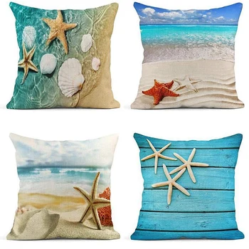 

Starfish and Seashell Summer Beach in Sea Water Time Caribbean Decor Linen Pillow Cases Home Decorative Pillowcases