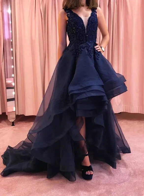 party gown Modern Lace Tiered High Low evening Dresses black V-Neck Sweep Train Party Evening Gowns Elegant prom dress Vestidos De Fiesta petite formal dresses & gowns