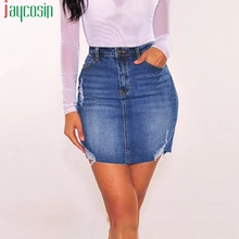 Женская джинсовая узкая юбка-карандаш с голубыми дырками, модная Женская эластичная юбка с талией, Повседневная дышащая женская юбка размера плюс