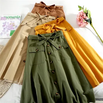 

ZCWXM Bandage Bow Skirts Women Student All Match Sweet Button A-line Skirts Spring Summer Simple High Waist Faldas Office Lady