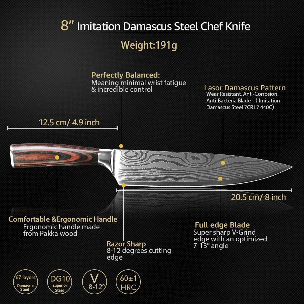Кухонный нож 8 дюймов поварские ножи 7CR17 440C из высокоуглеродистой нержавеющей стали дамасский рисунок Gyuto Кливер набор слайсер нож сантоку