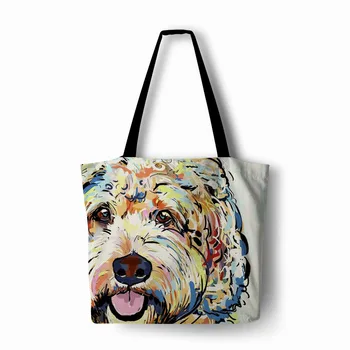 

Customized colorful dogs printing Handbag Linen polyester women shopping Tote Home Storage with Casual Traveling Beach Bag