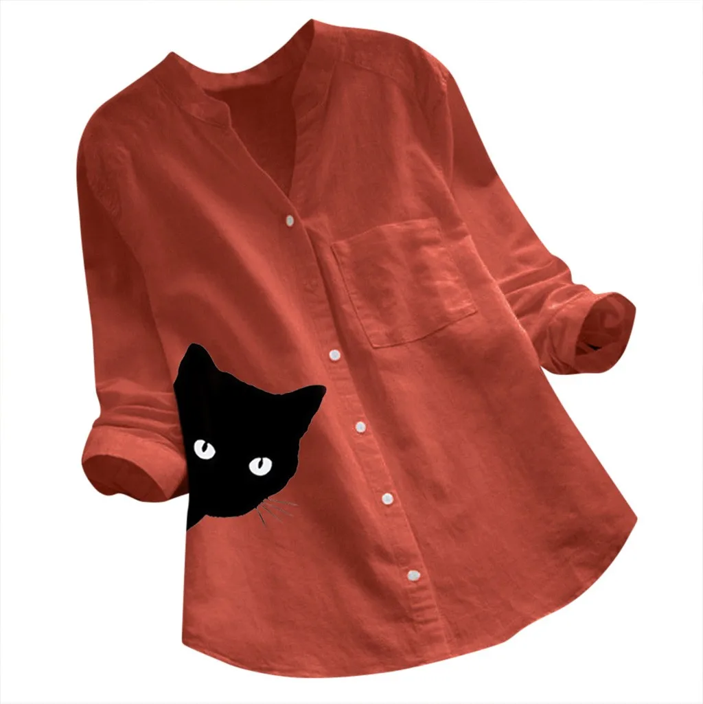 Womens Blouses V-neck Pleated Cat Print Long Sleeve Casual Tops Blouse Dames Blouses Lange Mouwen Blusas Ladies Tops
