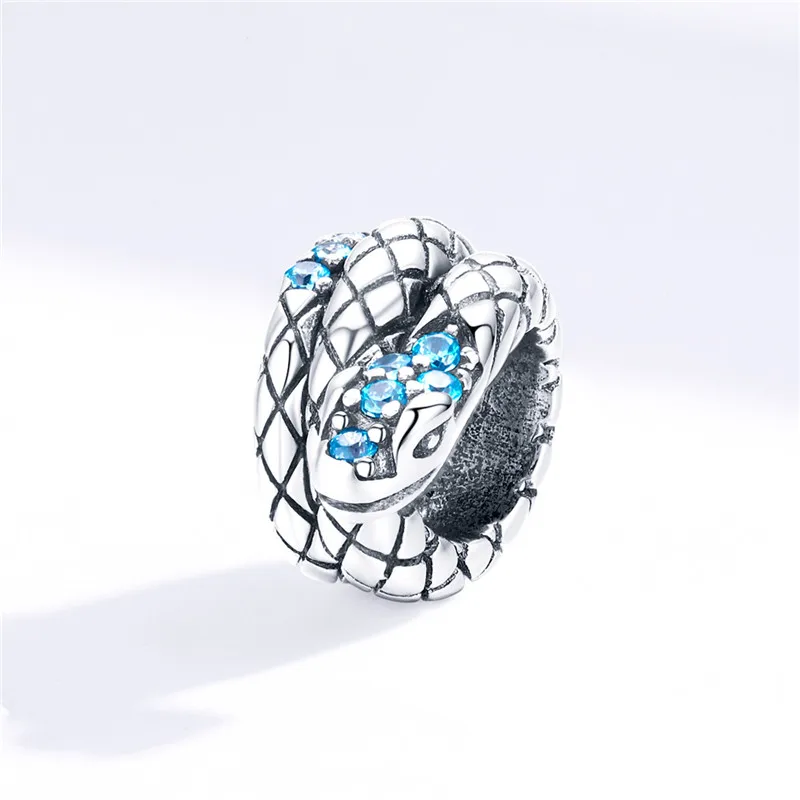 Fit Pandora браслет серебро 925 Синий Циркон панк бусины с имитацией змеиной шкуры S925 Винтаж яростное животное подвески для DIY ювелирных изделий