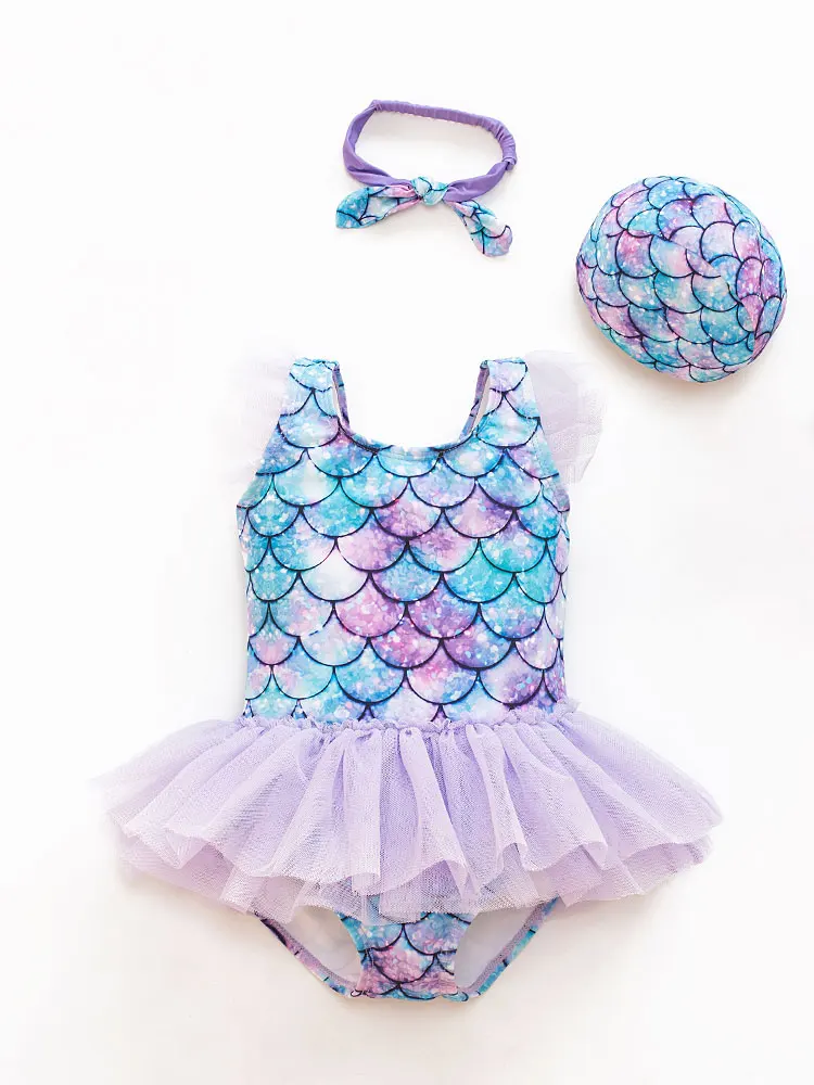 Children Swimsuit One Piece Swimsuit New Girl Baby Mermaid Swimsuit Princess Fashion Cartoon Fish Scale Print Ballet Dance One Piece Kids Sequin Tulle Swimsuits