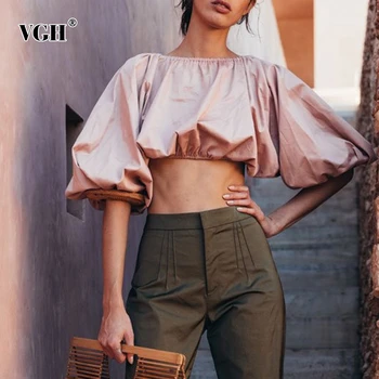 

VGH Backless Shirt For Women Slash Neck Lantern Sleeve Sexy Blouse Female High Streetwear 2020 Spring Fashion New Clothing
