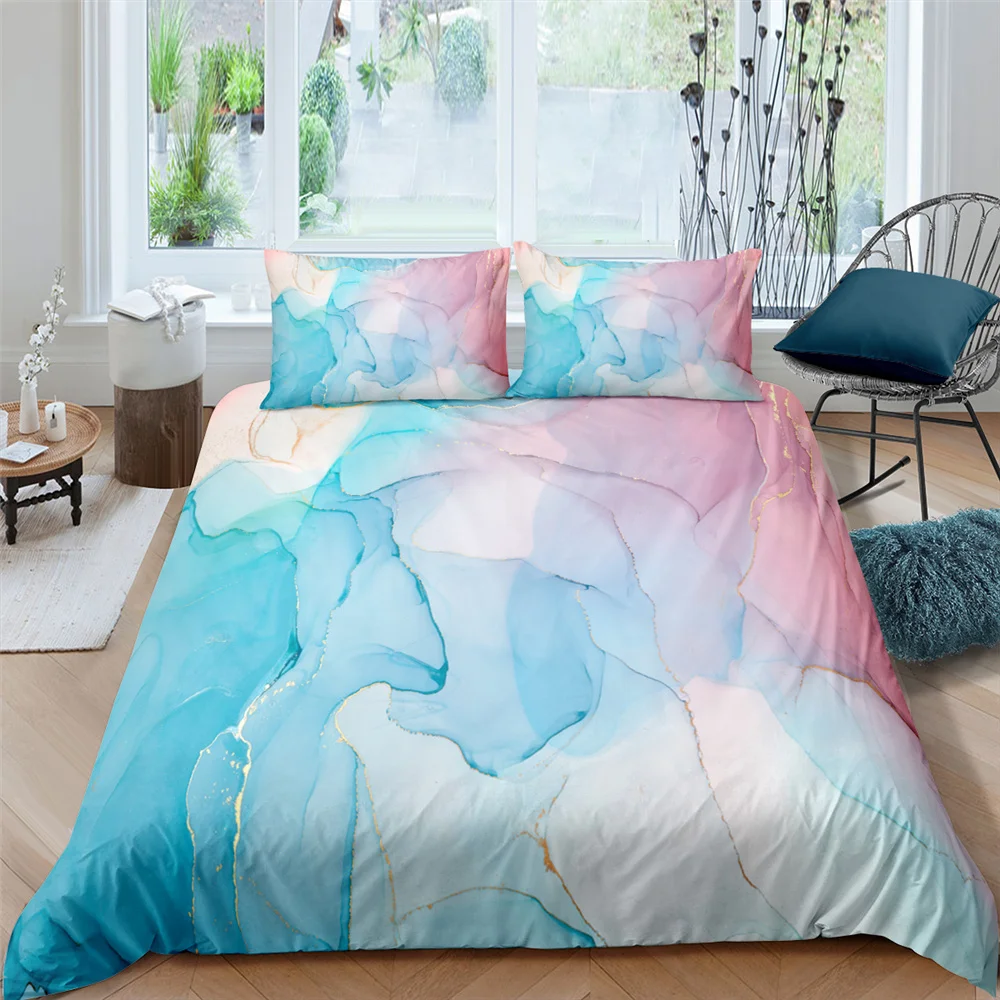 ZEIMON Marble Shiny Polyester Bedding Set 3D Print Geometric Duvet Cover Pillowcase Lightweight Quilt Cover 2/3pcs Bedclothes