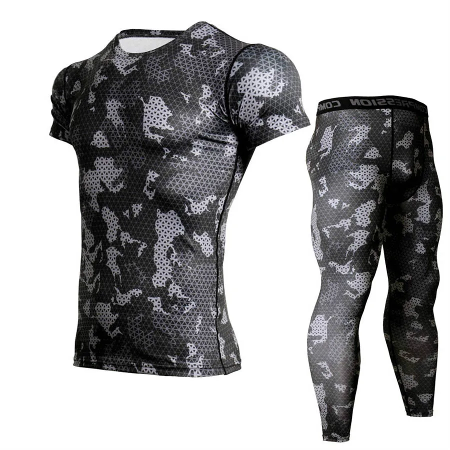 

Camouflage Men's Running Suits Crossfit Tracksuit Jogging Compression Set Men Short Sleeve T Shirt Leggings Gym Fitness Tights