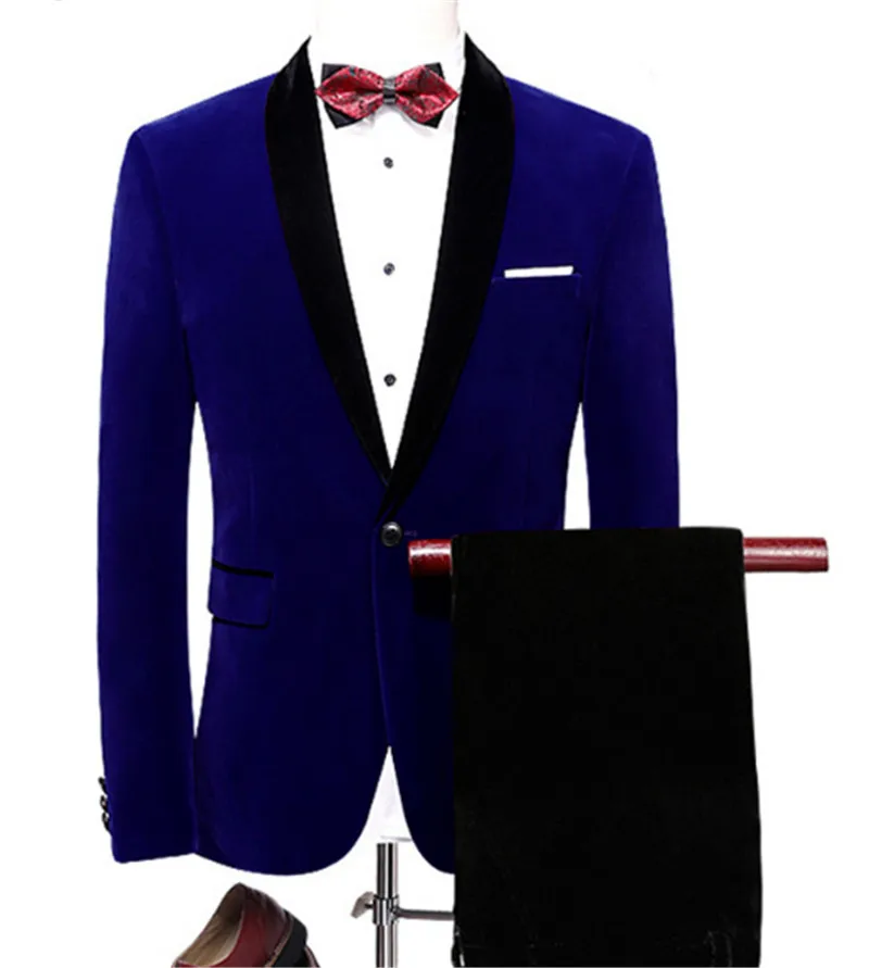 

New Fashion Royal Blue Men Suit Set Groom Tuxedo Mens Wedding Prom Party Dinner Suits Jacket with Black Pants 2Pcs