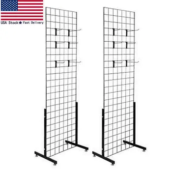 

2pcs 6 Ft Grid Panel Iron Mesh Rack Holder Organization Dispalay w/ 18 Hooks
