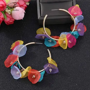 

Bohemian Style Colorful Hoop Flower Earrings Female Fashion Cute Golden Big Round Geometric Yarn Romantic Accessories For Girl
