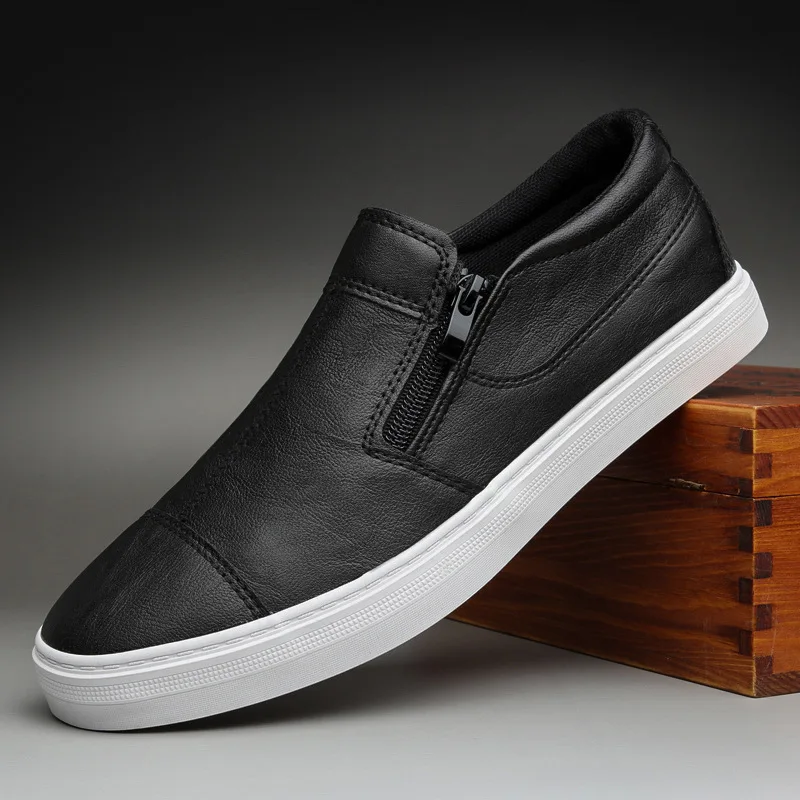 Men's Casual PU Leather Shoes Fashion Korean Shallow Mouth Shoes Slip on Men Loafers Zipper Flat Sneakers casual shoes sports shoes casual sneakers leather shoes running sneakers