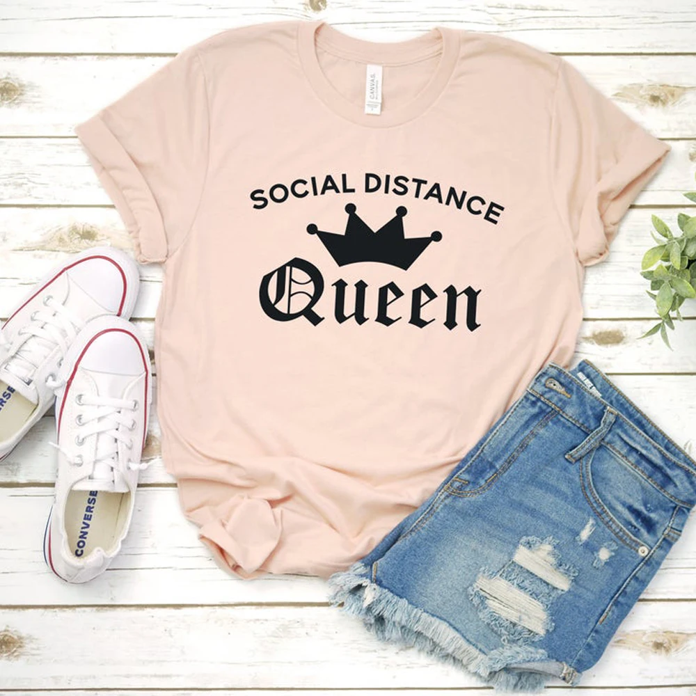 Social Distance Queen Print T Shirt Crown Graphic Tees Women 100% Cotton Short Sleeve Tshirt Summer Tumblr Clothes Dropshipping | Женская