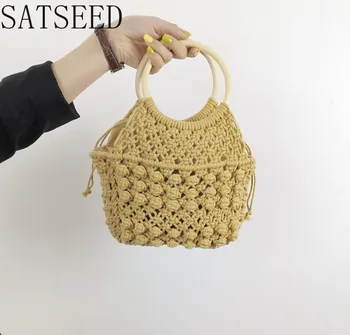 

The New Lined Solid Color Portable Woven Bag Fashion Female Forest Straw Bag Degree Handmade Cotton Rope Beach Leisure Bag