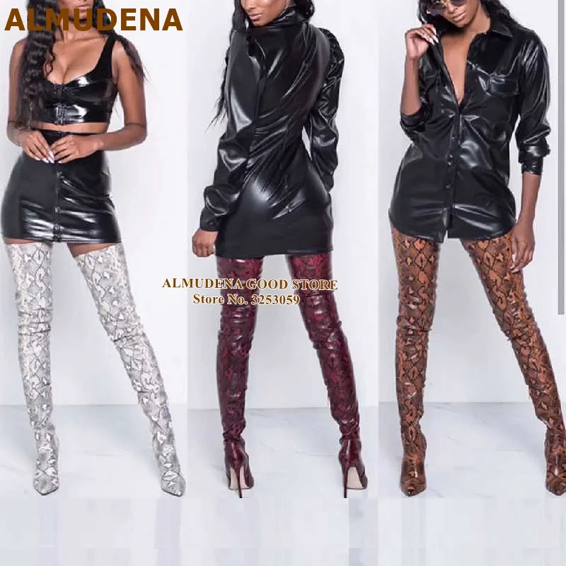 ALMUDENA Stiletto Heels Snakeskin Thigh High Boots Pointy Toe Dress Shoes Nightclub Python Printed Tall Boots Plus Size Boots