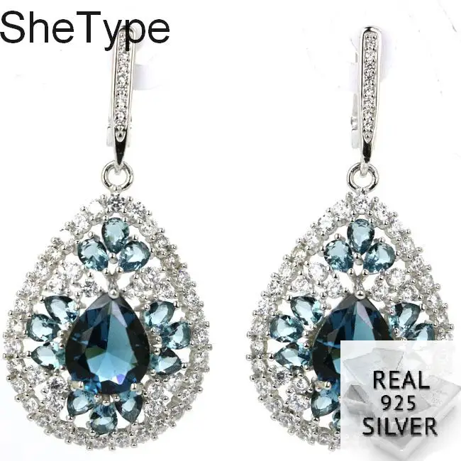 

48x22mm 10.1g Real 925 Solid Sterling Silver Luxury Top Pear Shape London Blue Topaz CZ Earrings 48x22mm
