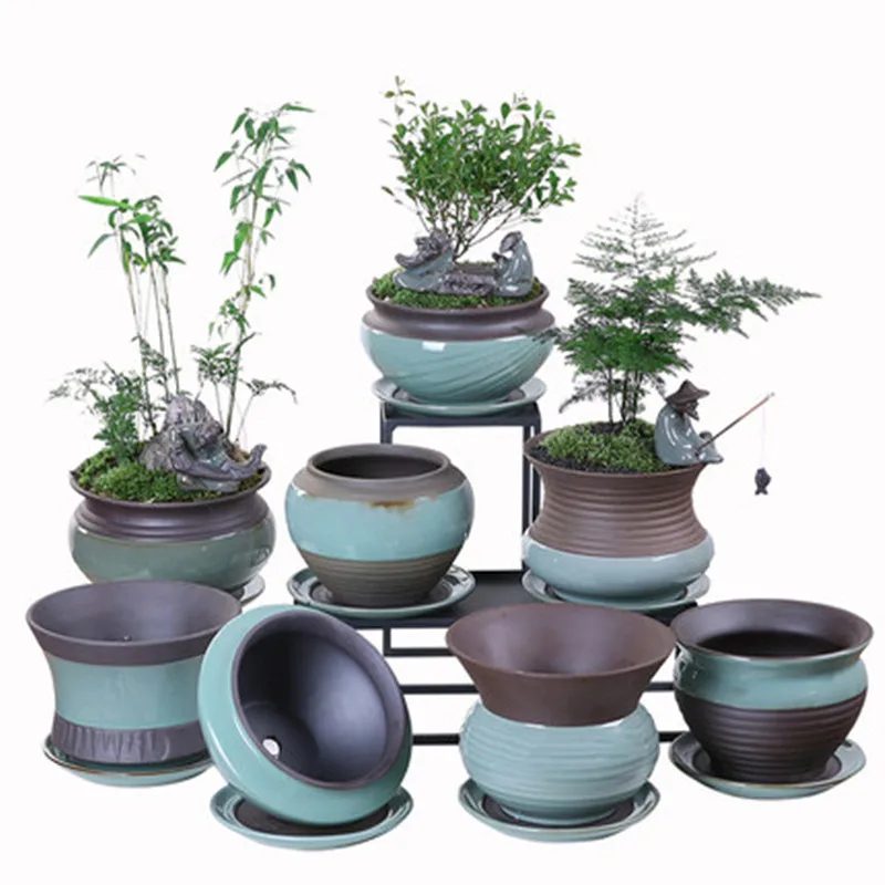 Succulent Small Landscape Ceramic Flowerpot With Tray Flower Pot Creative Simple Sky Green Plant Orchid Indoor Decoration | Дом и сад