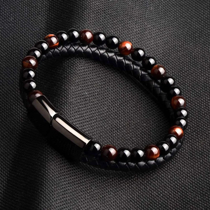 Fashion Magnetic Buckle Bangle&ampBracelet Men Handmade Weave Leather Brazalete For Hombre 6mm Natural Stone Beaded Braslet Pulsera |