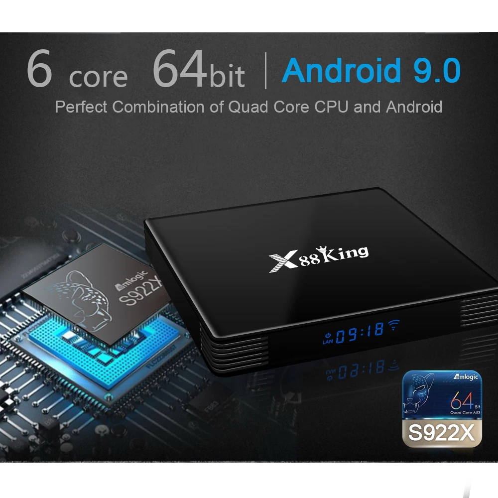X88 King Android9.0 TVBOX AmlogicS922X RAM4G ROM128G MP6 DDR4 4k HDR 2,4G/5G Dual wifi Bluetooth 5,0 1000MLAN телеприставка