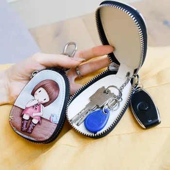 

Fashion Painted Design Key Bag for Women Small Leather Key Wallets Housekeepers Car Key Holder Case New Leather Keychain Pouch