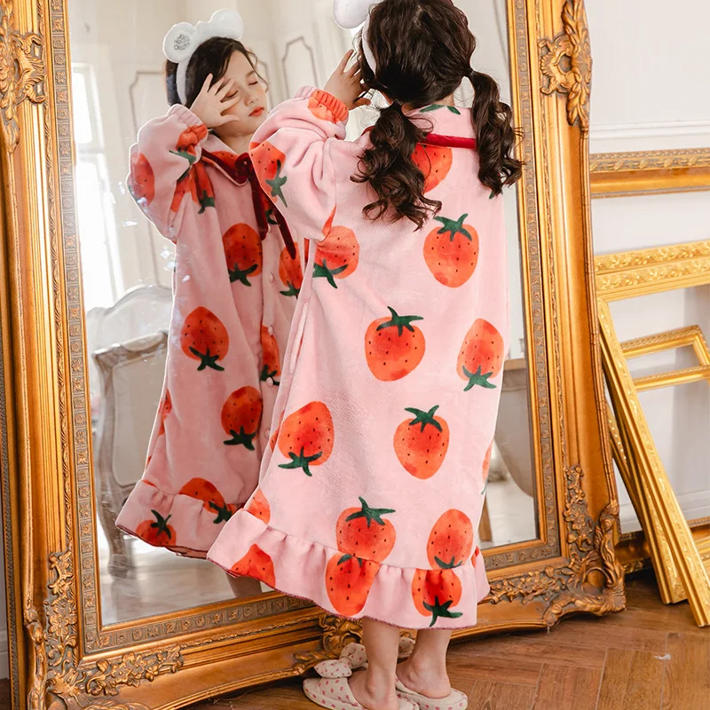 

CHILDREN'S Nightgown Autumn And Winter Thick Flannel Pajamas Little Girl Baby Nightgown Big Virgin Girls Coral Fleece Bathrobe