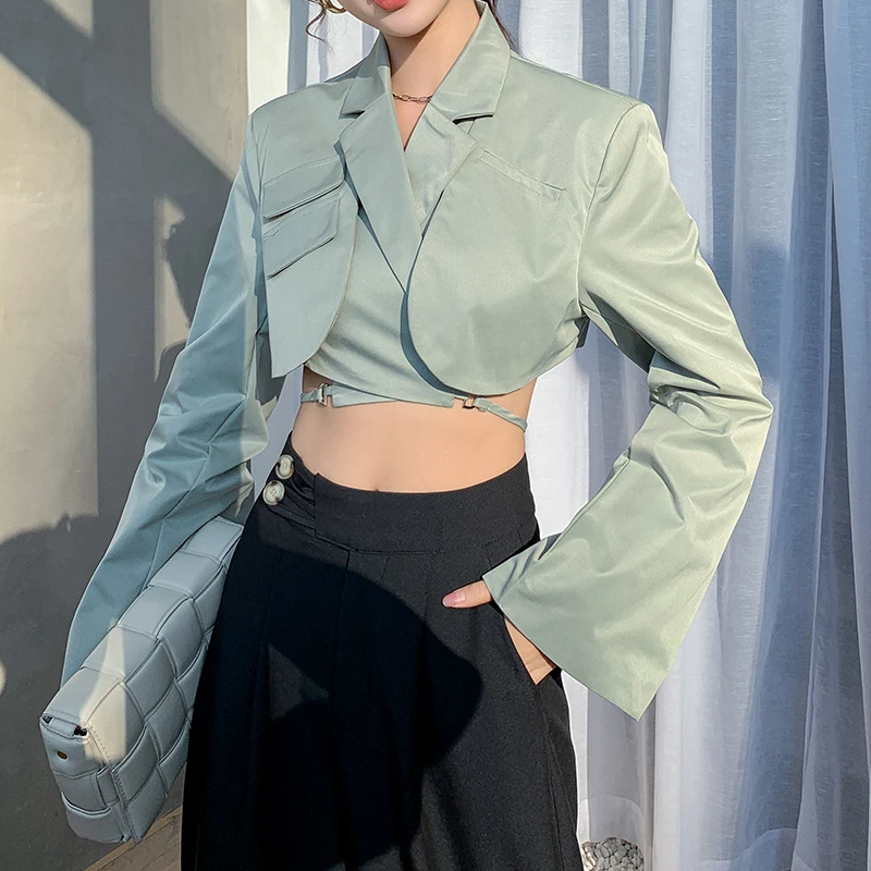 FORYUNSHES Women Lace Up Chic Blazers Coat Long Flare Sleeve Notched Collar Crop Tops 2020 Fashion New Slim Short Femme Clothes