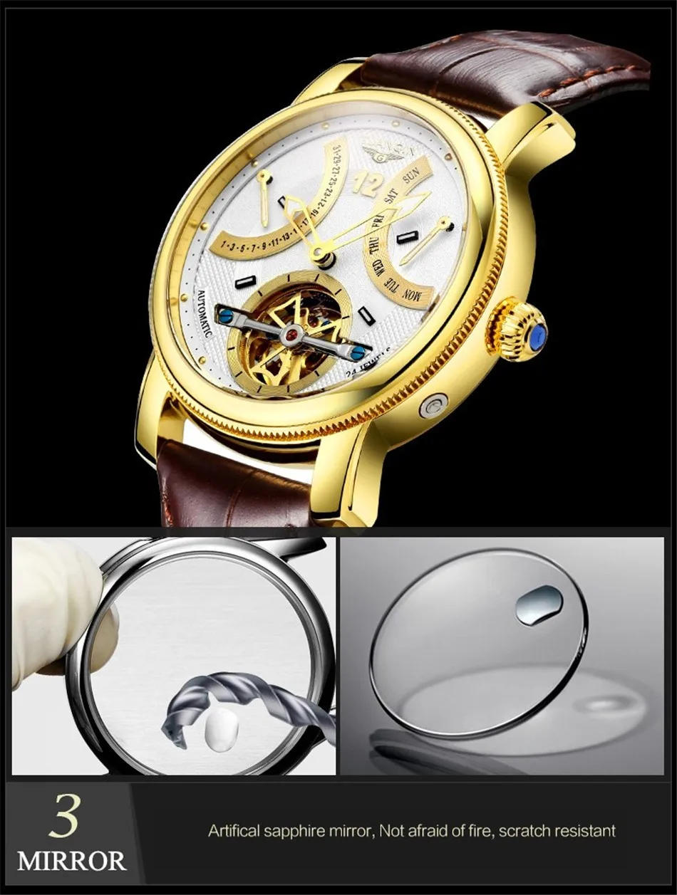 GUANQIN Tourbillon механические часы Мужские автоматические сапфировое стекло кожаный ремешок водонепроницаемые классические золотые наручные часы Reloj Hombre