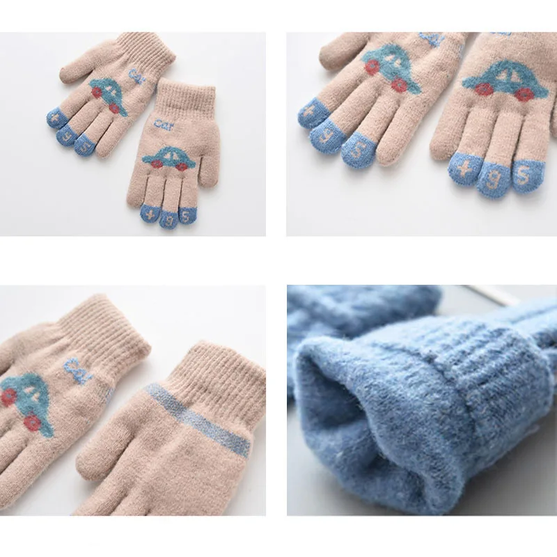 Children Winter Gloves For 4-8 Years Boys Girls Mittens Knitted Soft Warm Cute Cartoon Car