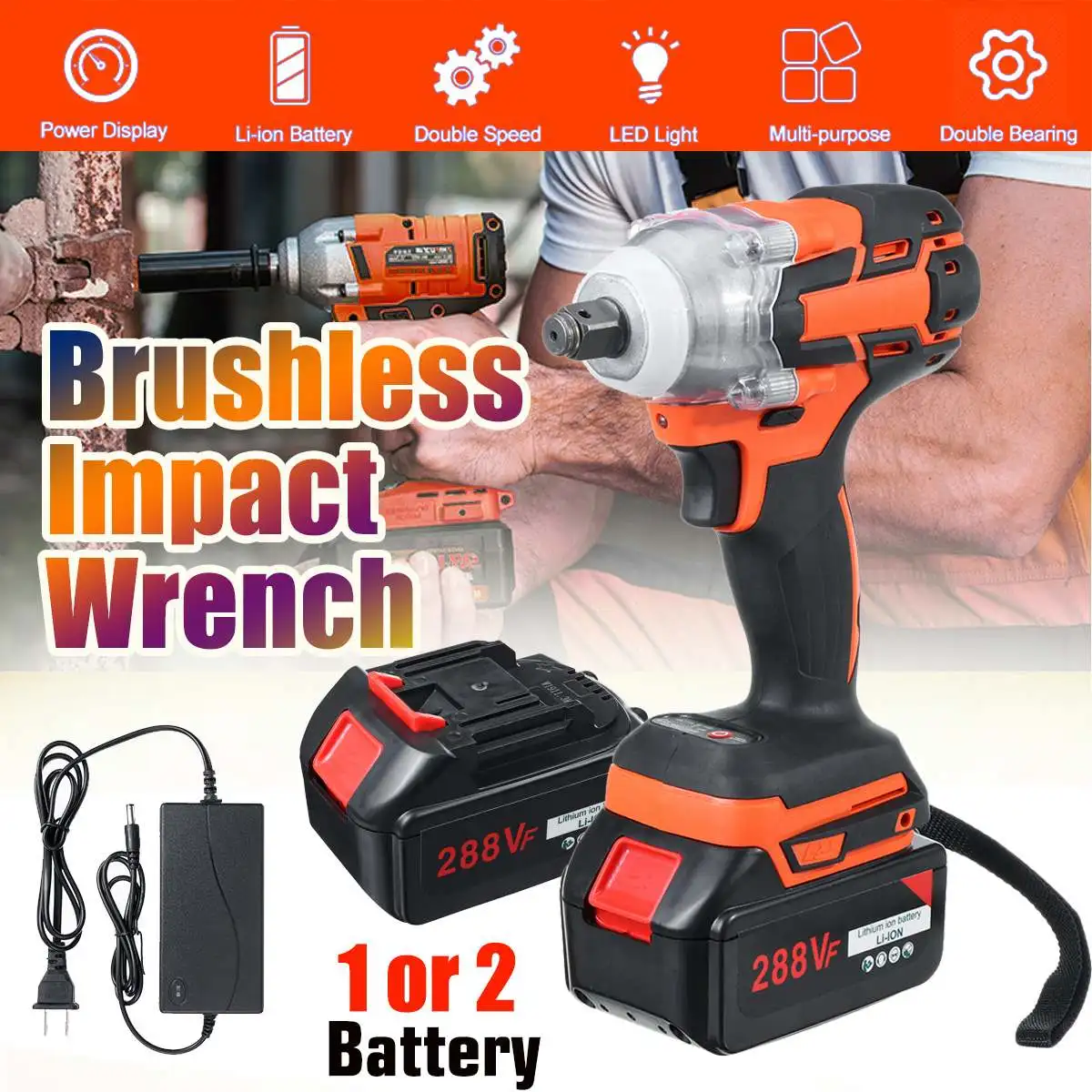 

New Brushless Electric Wrench 220V 288VF 360Nm Wrench Rechargeable Socket Wrench Power Tool Cordless with 1/2 Li-ion Battery