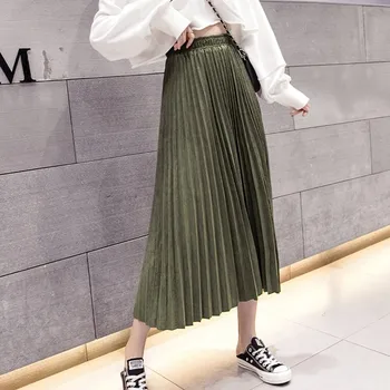 

Autumn Winter 2019 Women Pleated Skirt Elastic High Waist Long Skirts Casual Vintage A-line Suede Party Skirt Ladies 2020