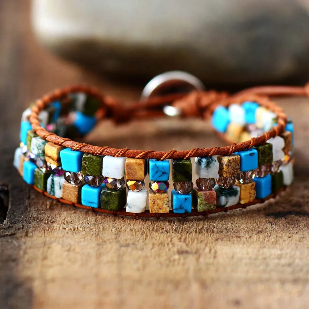 Женский плетеный браслет с бусинами из натуральных камней|leather wrap|leather wrap braceletwrap