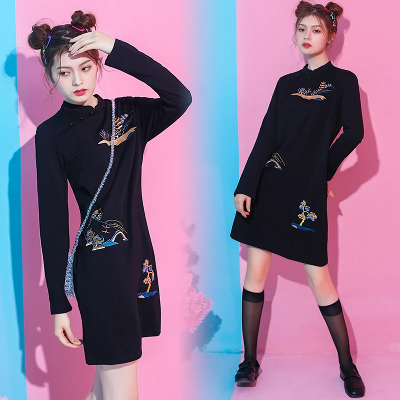 Китайское женское улучшенное платье cheongsam, восточное платье с длинным рукавом и вышивкой, платье qipao для женщин, вечернее платье