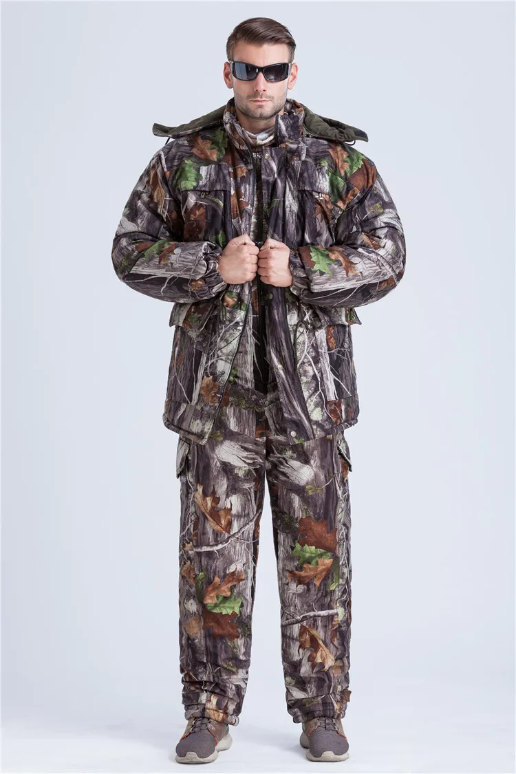 

Bionic Leaves Camouflage Clothes Men Hunting Jacket Pants Set Thicken Hooded Cotton Ghillie Suits