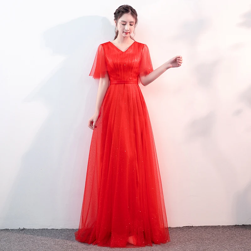 Red V Neck Elegant Evening Dress Simple 