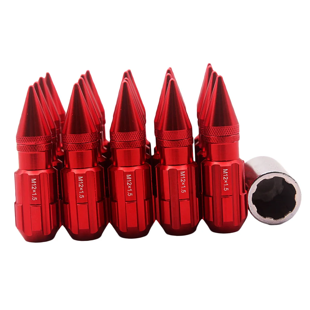 20x Red Racing Extended Wheel Lug Nuts W/Spikes M12x1.5 With Key Universal