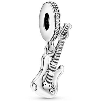 

New 925 Sterling Silver Bead Charm Electric Guitar Rock life With Crystal Pendant Beads Fit Pandora Bracelet Bangle Diy Jewelry