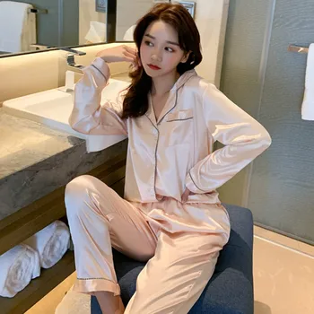 

Spring and Autumn Autumn Thin Women's Simple Color Block Cardigan Fold-down Collar High Quality Imitated Silk Fabric Home Wear