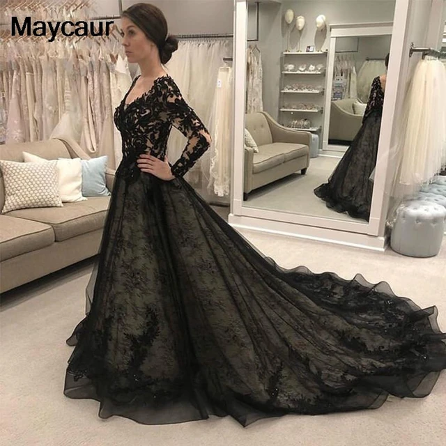 Vestidos De novia De negro, manga con cuello V, apliques De línea A, Vestido De novia con cuentas _ - AliExpress Mobile